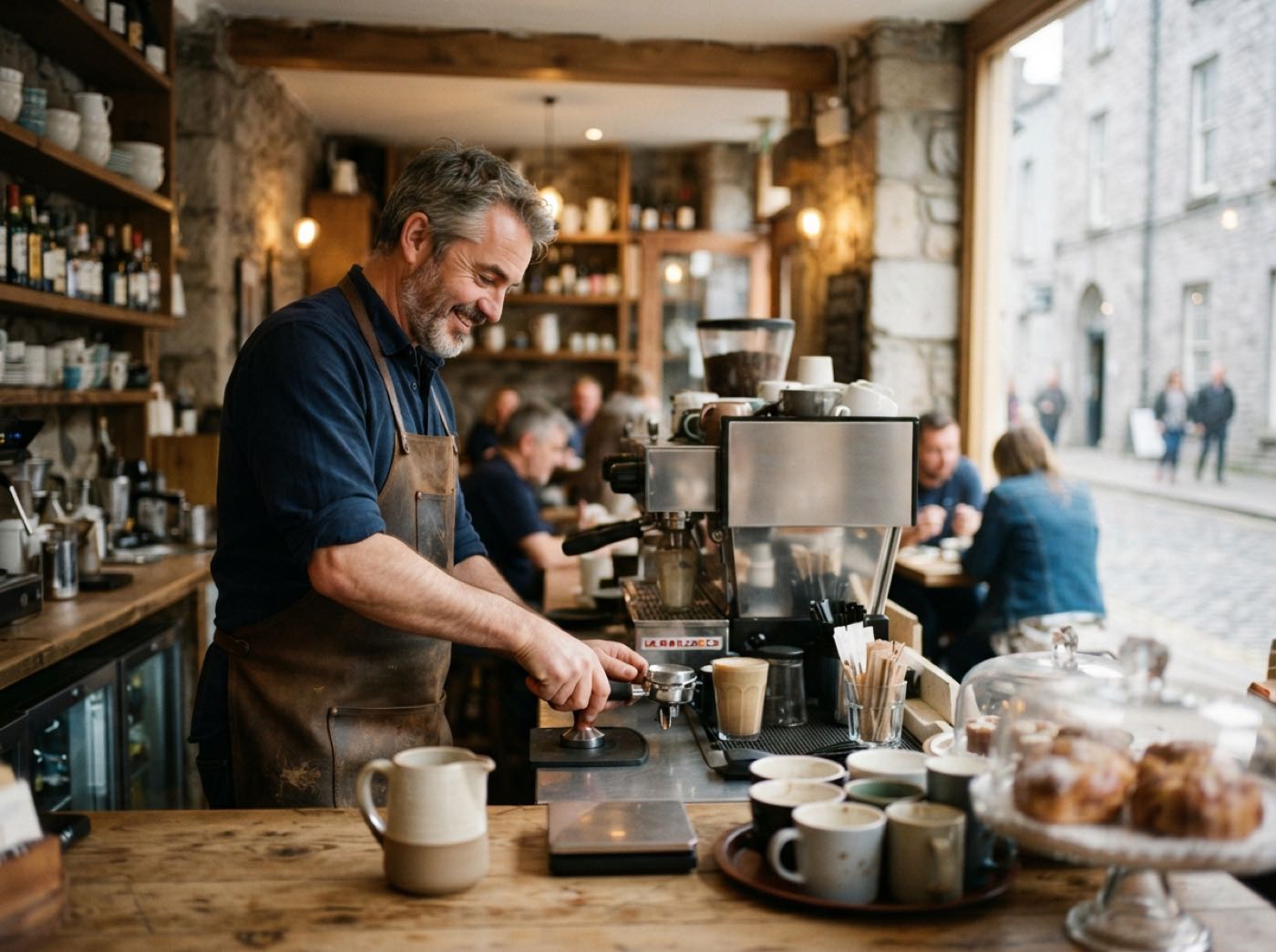 A café owner at the counter