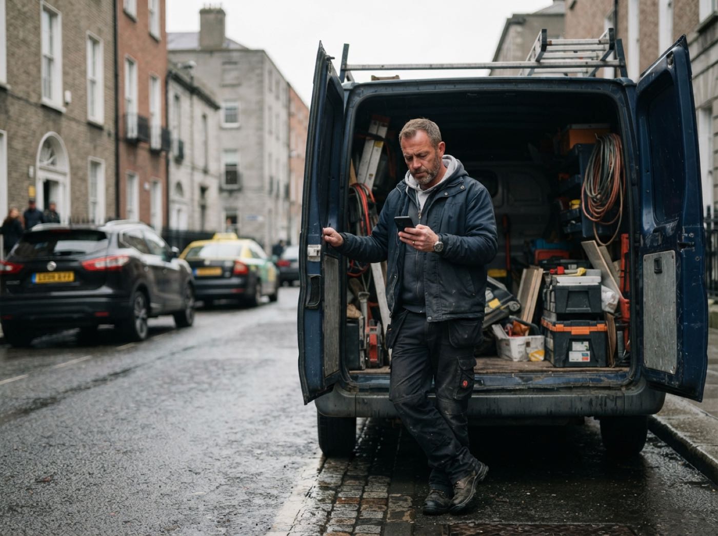 A tradesman checking his phone at his van